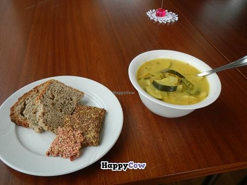 Vegan vegetable ginger soup with bread and flax crackers at Silva in Eyjafjardarsveit