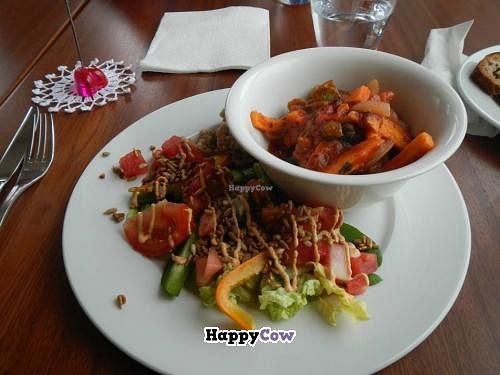 Vegan Italian vegetables with a very good salad (it had watermelon in it!) and raw dressing at Silva in Eyjafjardarsveit