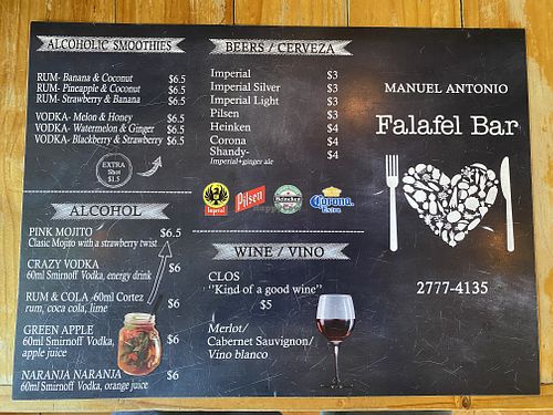 Alcohol menu at Falafel Bar in Manuel Antonio