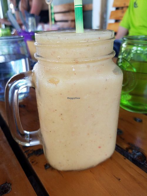 Mango strawberry banana smoothie at Falafel Bar in Manuel Antonio