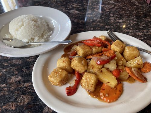 Island “chicken” made with tofu (menu items that can be made vegan are labeled as such)  at Siam Thai in Athens
