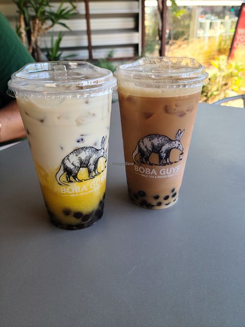 Mango Sticky Rice w/ Boba (Left) and Espresso Milk Tea w/ Boba (Right) Both w/ Oatmilk at Boba Guys in Costa Mesa