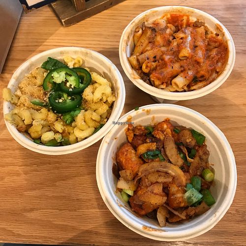 Jalapeño mac & cheese, baked ziti and BBQ seitan tots at The Cinnamon Snail in New York City
