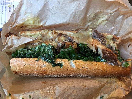 Cheesy portobello steak baguette at The Cinnamon Snail in New York City