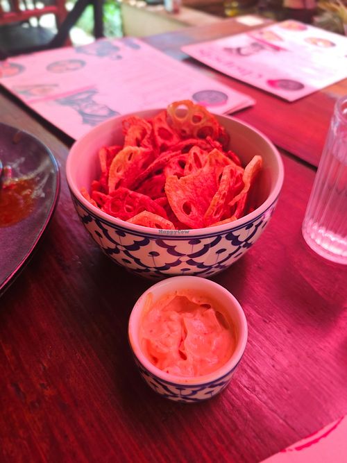 Lotus chips with vegan mayo at Chapels on Whatley in Maylands
