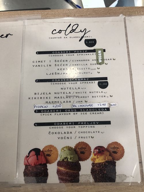 The menu with vegan options marked, badly!  at Sisters Kurtoš in Zagreb