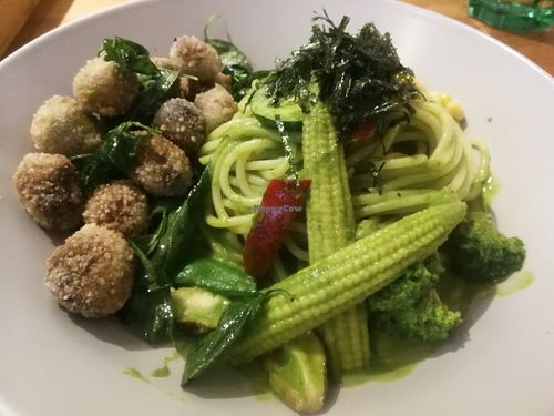 spaghetti with pesto and mushroom balls at KanJian ChuShi Vegan Kitchen - 看見初食蔬食廚房 - 純素 in Yilan