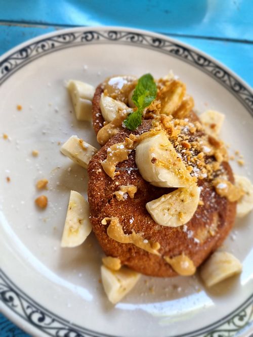 Vegan Banana, Oat, and Peanut Butter Pancakes at Mingle Cafe in Hue