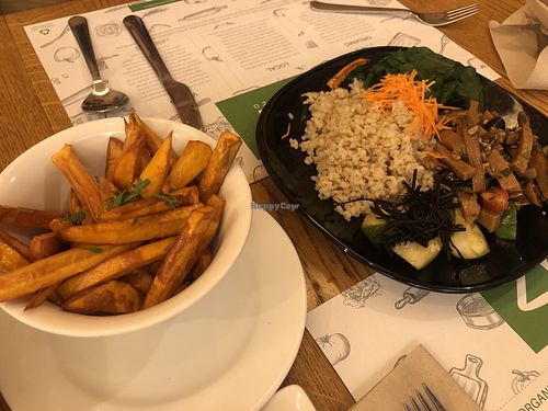 Sweet potato fries and Makro plate at Zrno Bio Bistro in Zagreb