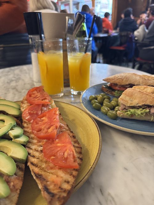 Tomatoes avocado baguette and OJ (the other baguette wasn’t vegan)  at Can Moixet in Mallorca