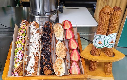 Churro display (Only the chocolate churros are vegan) at Brazilicious Churros in East London