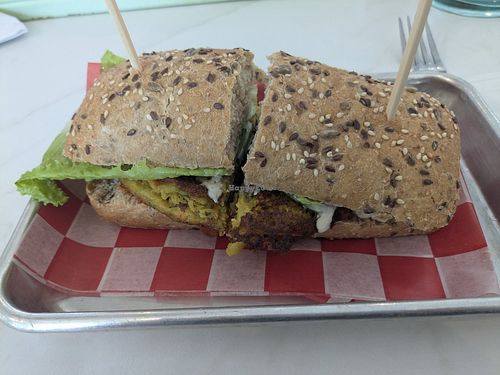 Vegan omelet sandwich at Cafe Landwer in Hallandale Beach