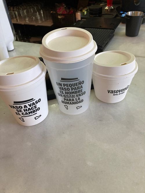 Reusable cups :) at La Drupa Café de Especialidad in Salamanca