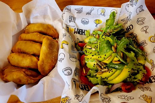 Vegan empanadas and avocado salad at Chermol in Antigua