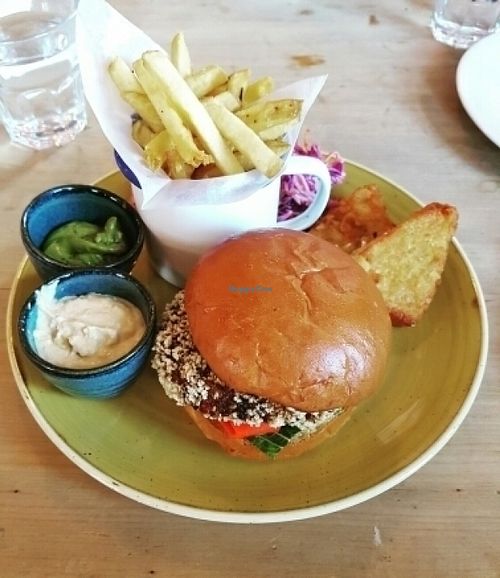 Thai Quinoa burger with hummus, guacamole and hash brown sides at Lounges - Portivo Lounge in Gloucester
