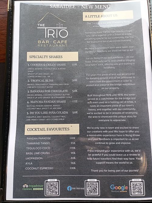 New menu. Everything on this page is vegan  at The Trio Bar in Nong Khiaw
