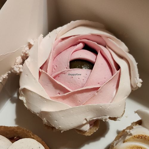 Valentine's Day special: praline and pistachio paste, raspberry puree, bergamot, almond powder, vegan white chocolate and pistachio pieces at Copains - Victor Hugo in Paris