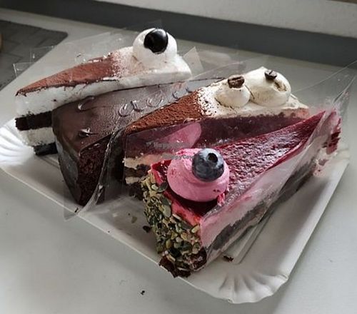 Selection of vegan cakes at Konditorei Alexandra in Merano