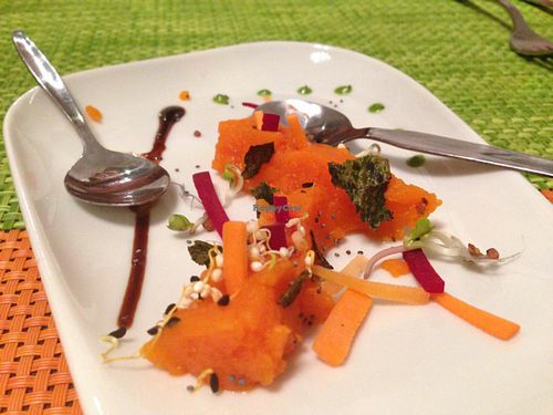 very tasty pumpkin and sea weeds appetiser at Helveg Cafe in Geneva