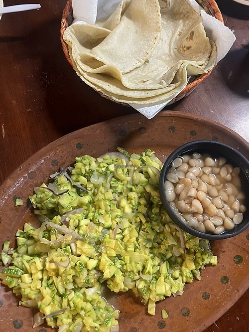 Corn tortillas, calabacitas, and whole beans  at La Cocina de Doña Esthela in Ensenada