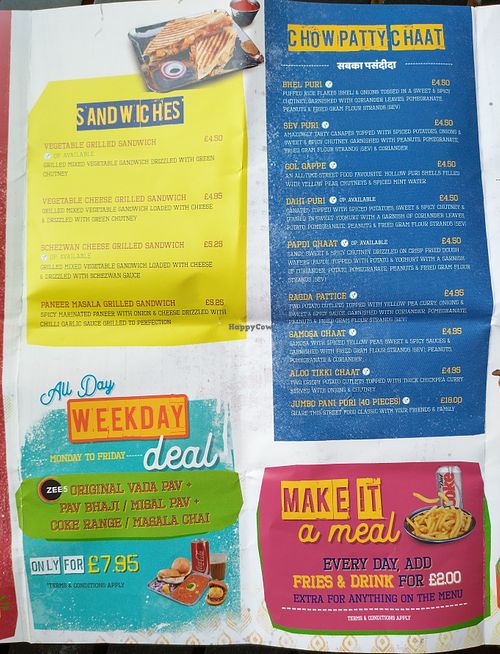 Photo of SKVP menu showing sandwiches, chaat and meal deals. at Shree Krishna Vada Pav in Leicester