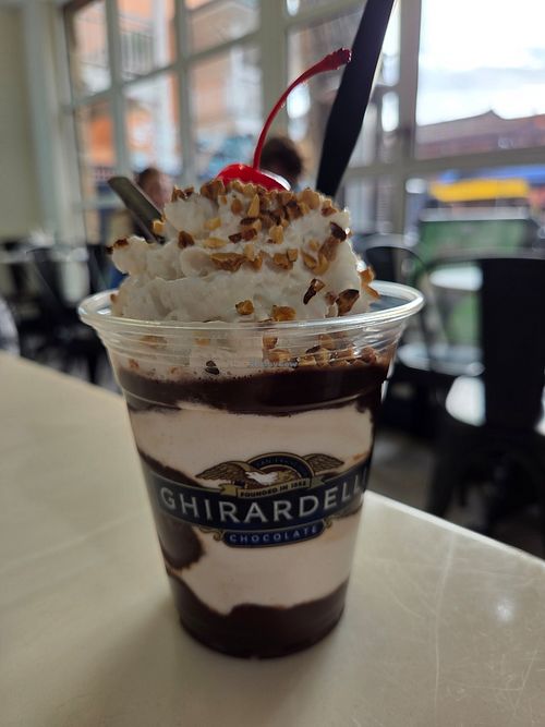 Non dairy hot fudge sunday at Ghirardelli Ice Cream & Chocolate Shop in Monterey