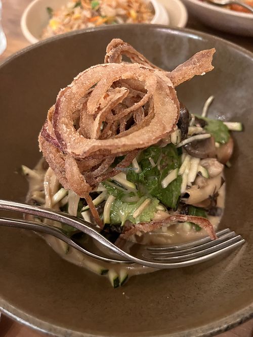 Mushroom hoisin | Wood ear | Zucchini | Watercress | Truffle vinaigrette | Onion rings  at Honeysuckle Restaurant  in Buderim