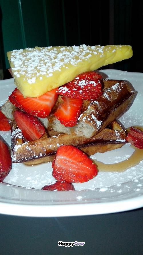 Vegan Waffle with strawberries and home made passion fruit sorbet  at The Mac Factory in Adelaide