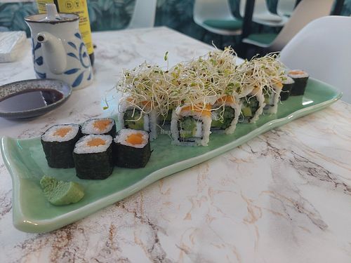 Salmon maki and California rolls at The Vegan Roll in Madrid