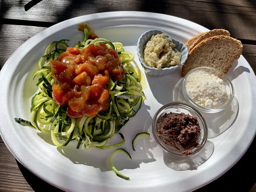 Zucchini noodles, olive and carcioffi spreads  at La Viola Ristoro in Grosseto