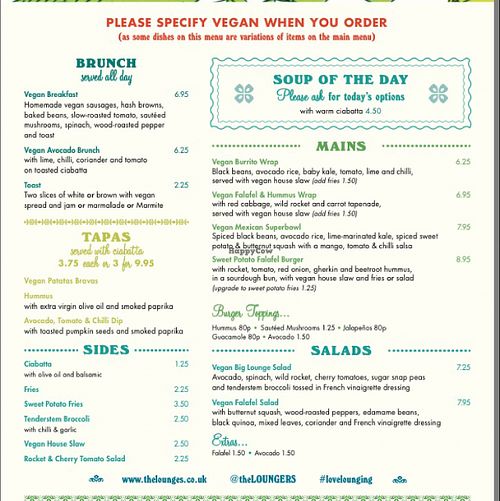 Vegan menu at Lounges - Expo Lounge in Manchester