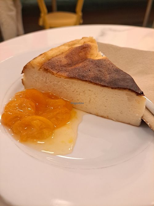 Vegan Basque cheesecake with kamquat marmalade at Barbarella PLANT Bistro in Ljubljana