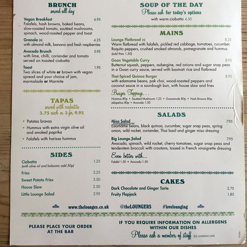 Vegan menu  at Lounges - Loco Lounge in Birmingham