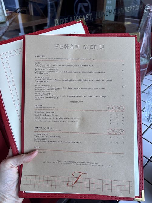Separate vegan menu  at Franquette Creperie  in Bowral