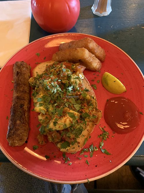 smashed avo brunch (added hash browns and a vegan sausage as extras)  at Lounges - Ocho Lounge in Penarth