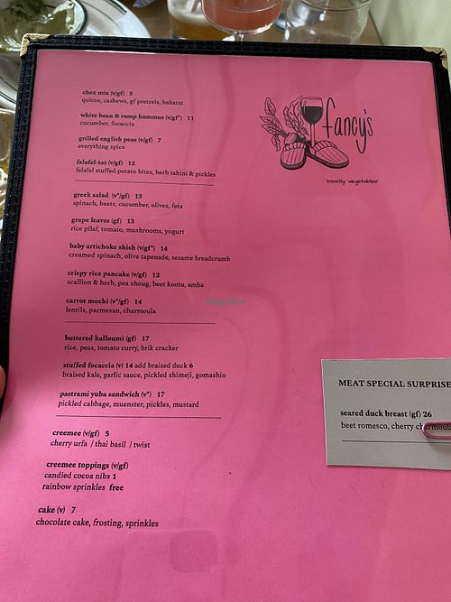 Menu -April 2024. It will change frequently   at Fancy's in Burlington