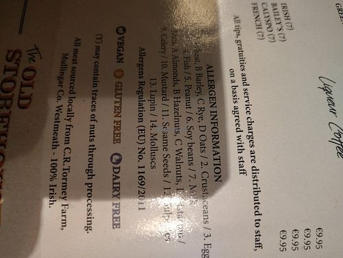 Menu key: vegan is indicated by the plant leaves symbol. at The Old Storehouse in Dublin