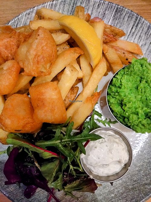 Battered jackfruit with chips and smashed peas at The Sheppey in Wells