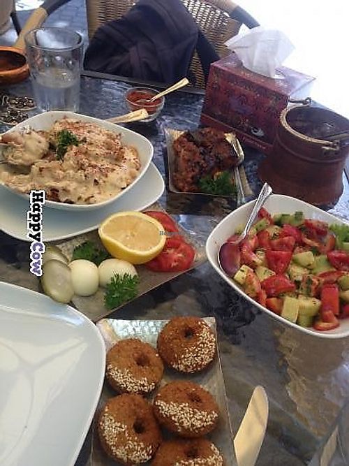 Vegan lunch for two (imam bayende is the eggplant dish, the chick pea and fried bread dish is fatte, plus Armenian salad and a side of falafels) at Lagonid in Yerevan