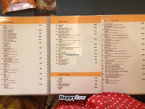 The vegetarian section of the menu, plus the salad section. There is also a falafel wrap which does not appear here at Lagonid in Yerevan