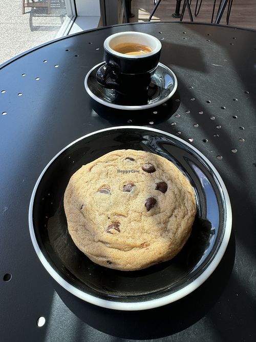 Vegan chocolate chip cookie and espressoo  at Vintage Caffeine Co in Calgary