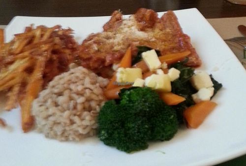 Daily menu was a soup followed by this main course of Gnocchi with seitan, tempura, veggies and rice. Don't forget to order one of their fresh juices! Menu can be ordered vegan or vegetarian.  at Makro Vega in Split