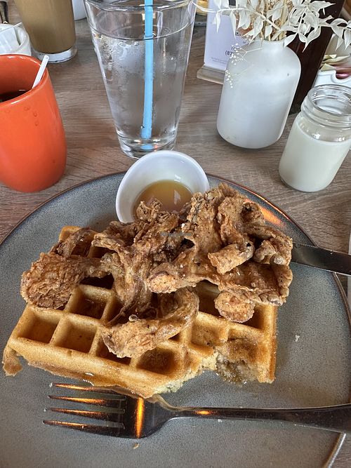 Chicken (oyster mushroom based) and waffles!   at Honey & Herb - Belgian Waffle House in Newbury Park