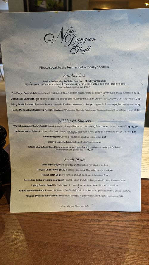 Menu at New Dungeon Ghyll - Langdale in Ambleside