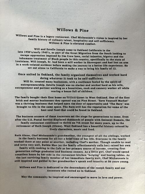 Menu  at Willows & Pine in Oakland