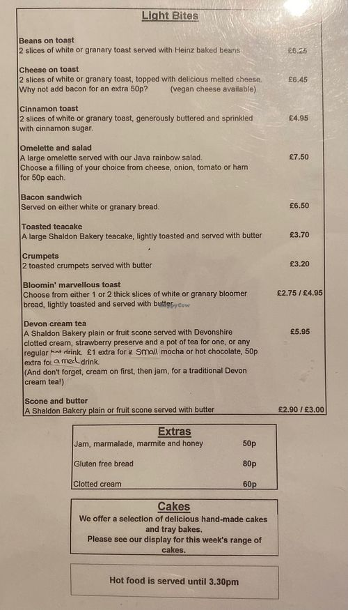 Food menu  at The Old Java Coffee House in Teignmouth