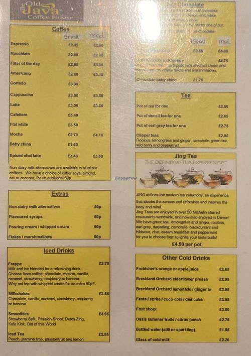 Drinks menu at The Old Java Coffee House in Teignmouth
