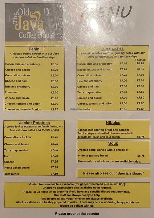 Food menu  at The Old Java Coffee House in Teignmouth