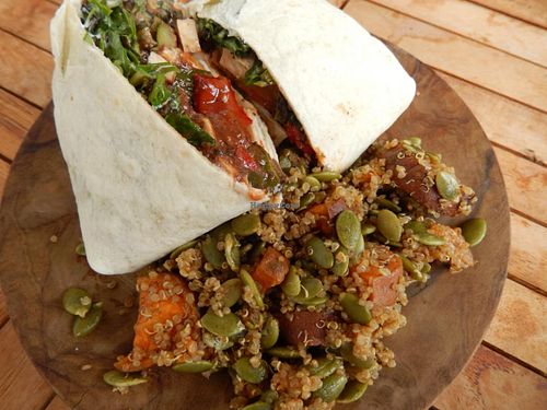 roasted veg and smoked tofu wrap with quinoa-sweet potato salad at The Spotless Leopard - Food Van in Bristol