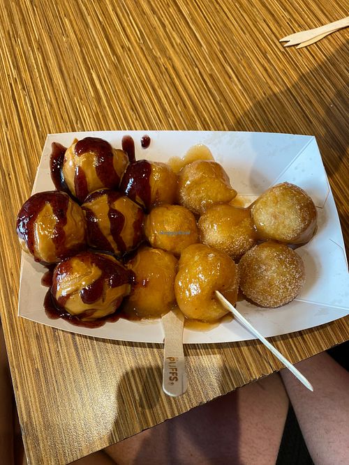 From left to right: blueberry and nut butter, apple sauce, plain sugar. at Mr Puffs - Old Port in Montreal